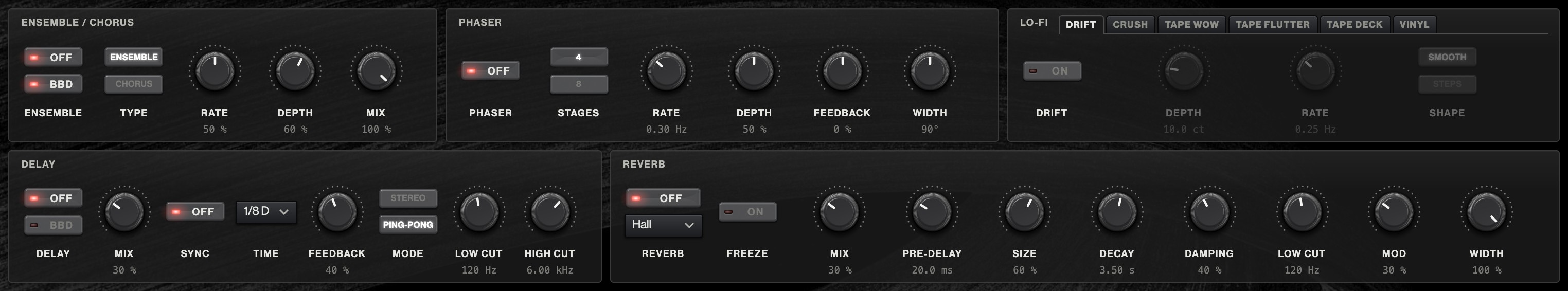 Ensemble, phaser, lo-fi, delay and reverb on the panel