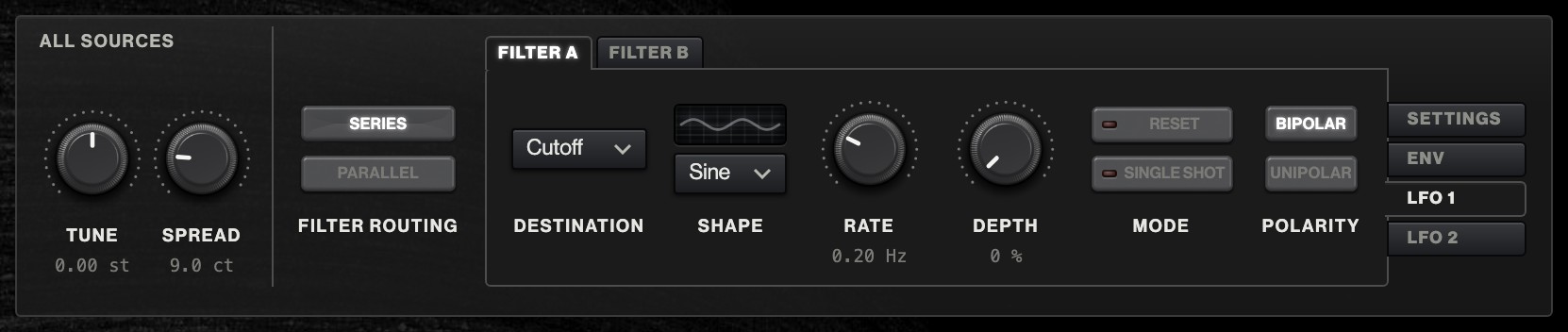 The master filter on its LFO 1 tab: the destination, the shape drawn above its menu, the rate, depth, mode and polarity