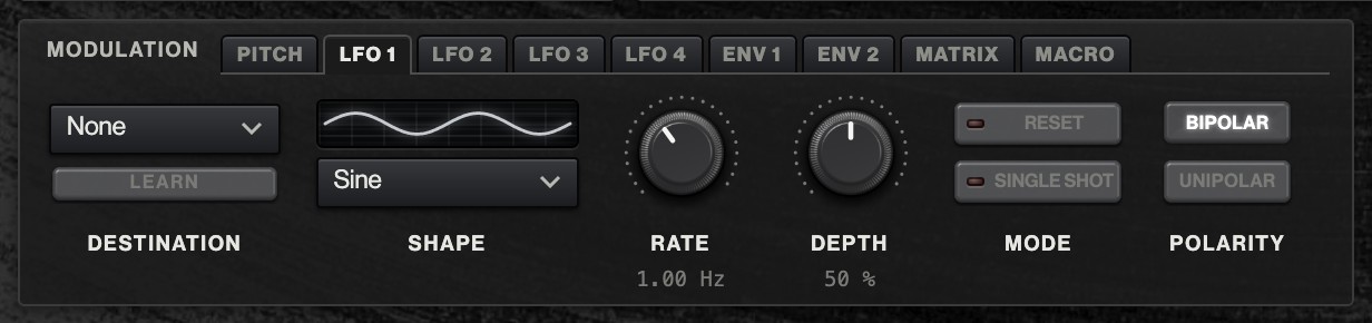 The Modulation section on LFO 1's tab