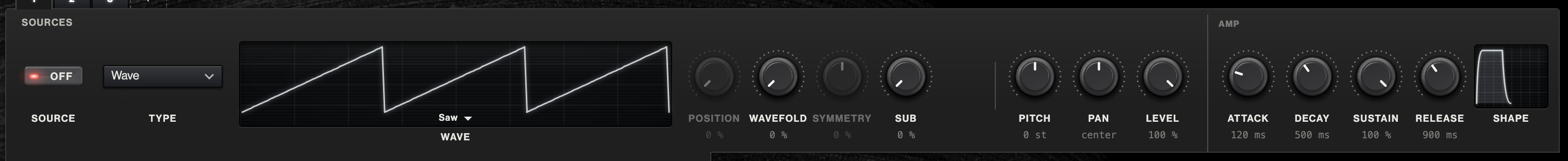 A Wave source: its wave drawn, Position, Wavefold, Symmetry and Sub, then Pitch, Pan and Level